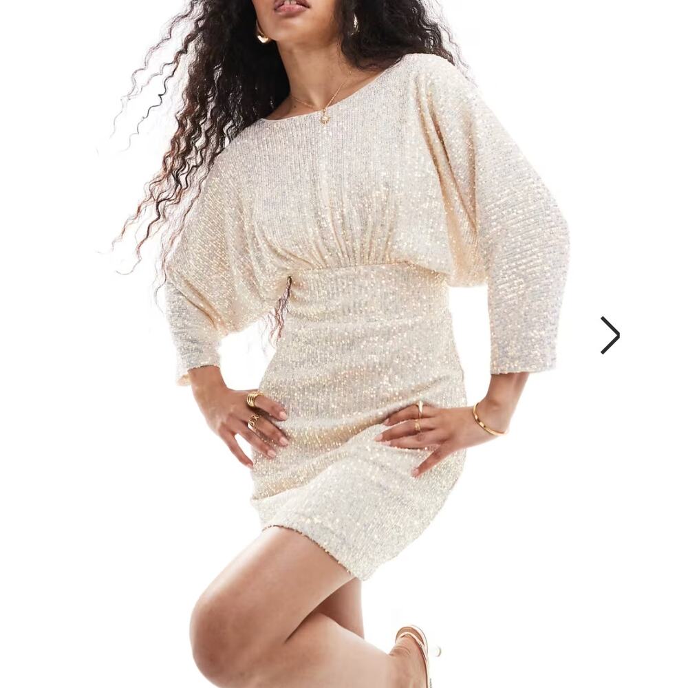 Do+Be Champagne Sequin Open Back Kimono Sleeve Mini Dress Party Formal Medium